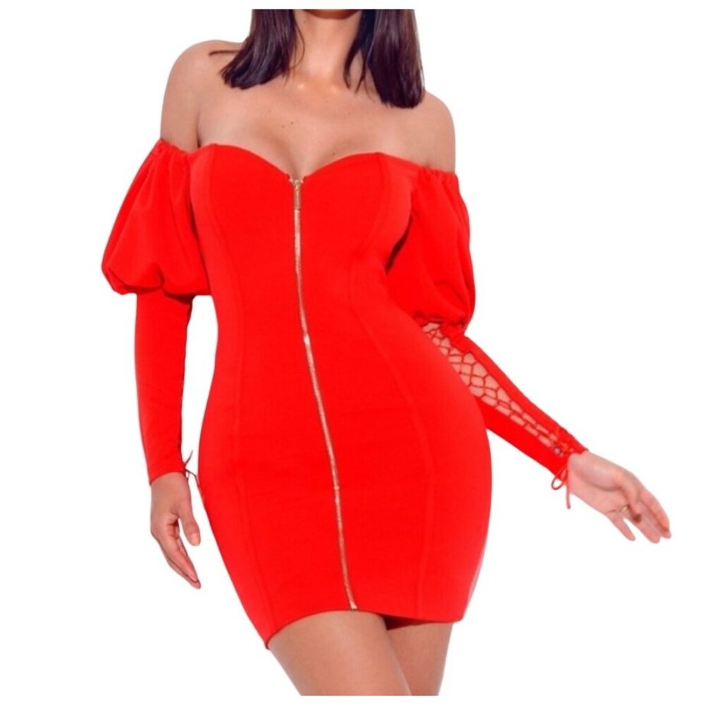 Off-Shoulder Red Dress W/ Puff Sleeves Zip Front Tie Detail Size S Miss Circle P - Picture 2 of 8